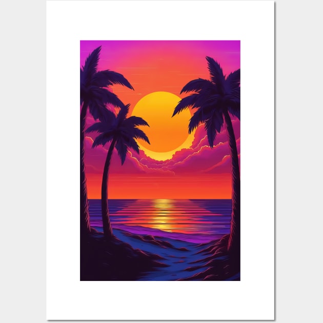 Illustration of an 80s Synthwave retro sunset with palm trees on the beach Wall Art by mikath